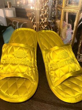 Balenciaga Quilted Satin Slide Sandals - Bright Yellow